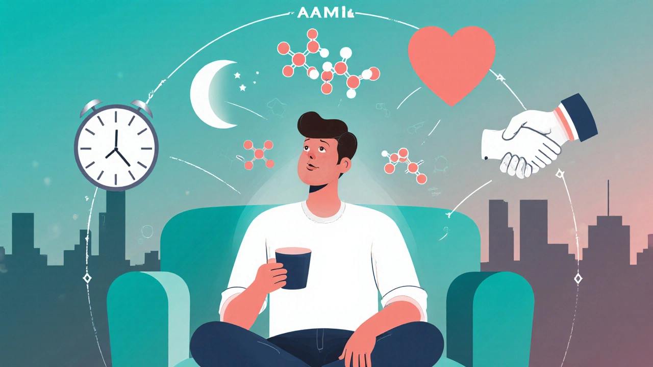 A man relaxes with coffee as avanafil molecules and symbols float above him, representing safe use.