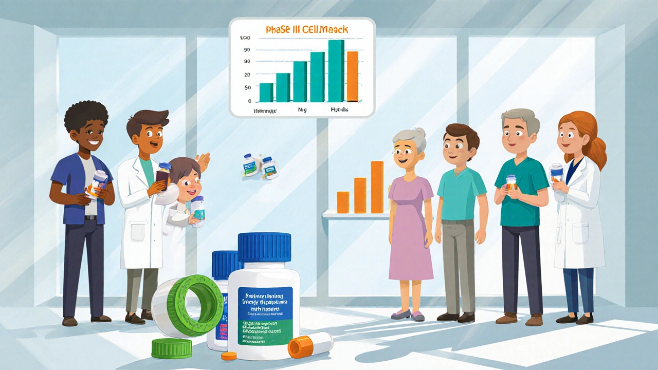 Cartoon clinical trial with scientists, patients holding trospium tablets, and abstract data bars.