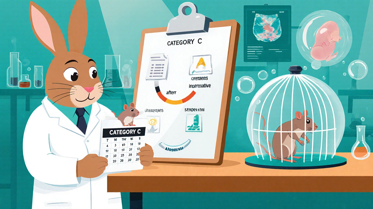 Cartoon lab with rabbit technician, rat, and decision pathway chart for medication use.