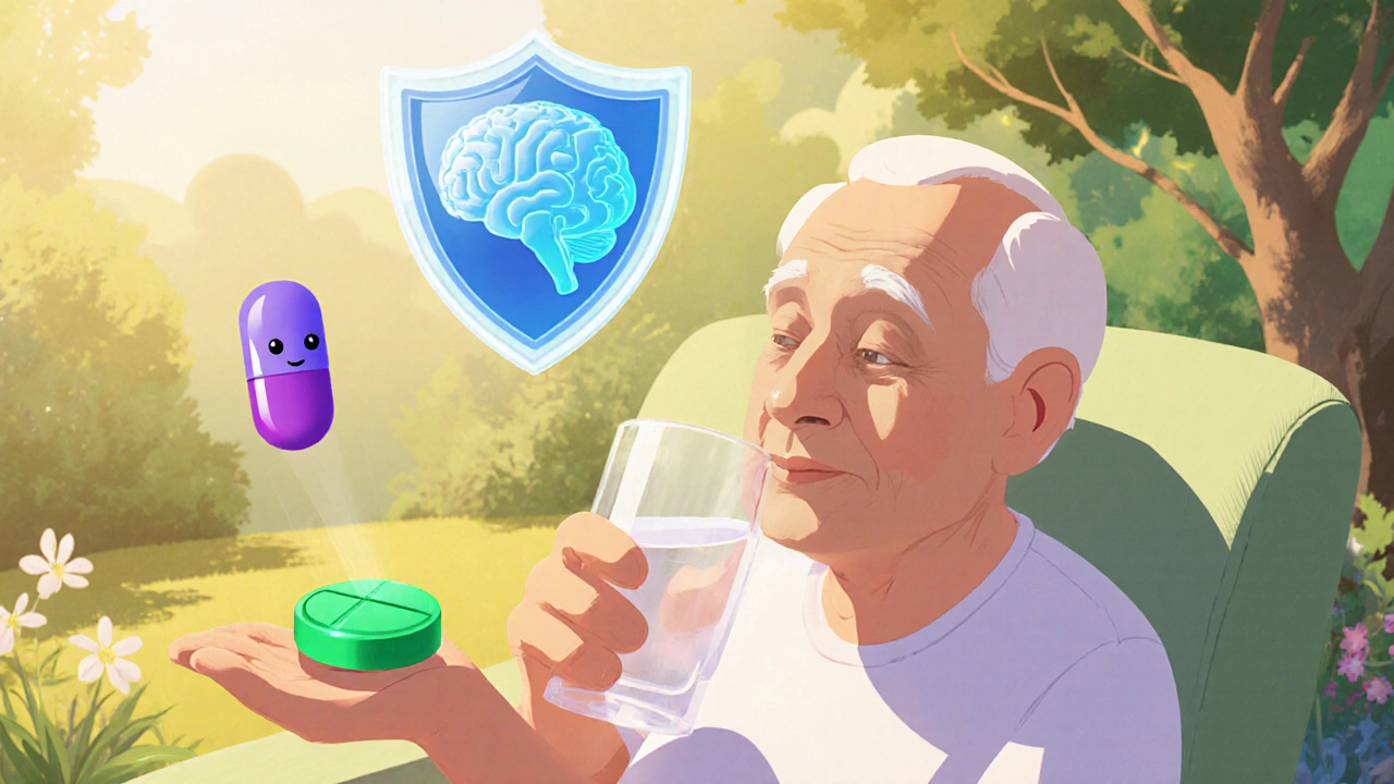 Cartoon older adult in a garden holding a green pill, purple pill nearby, brain shield above.