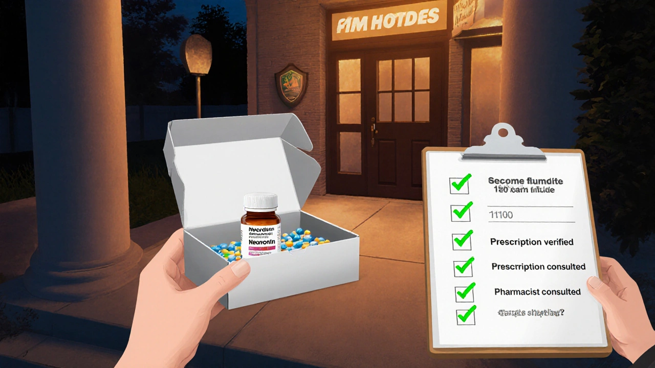 Customer opening discreet package of generic Neurontin, checking pill bottle label.