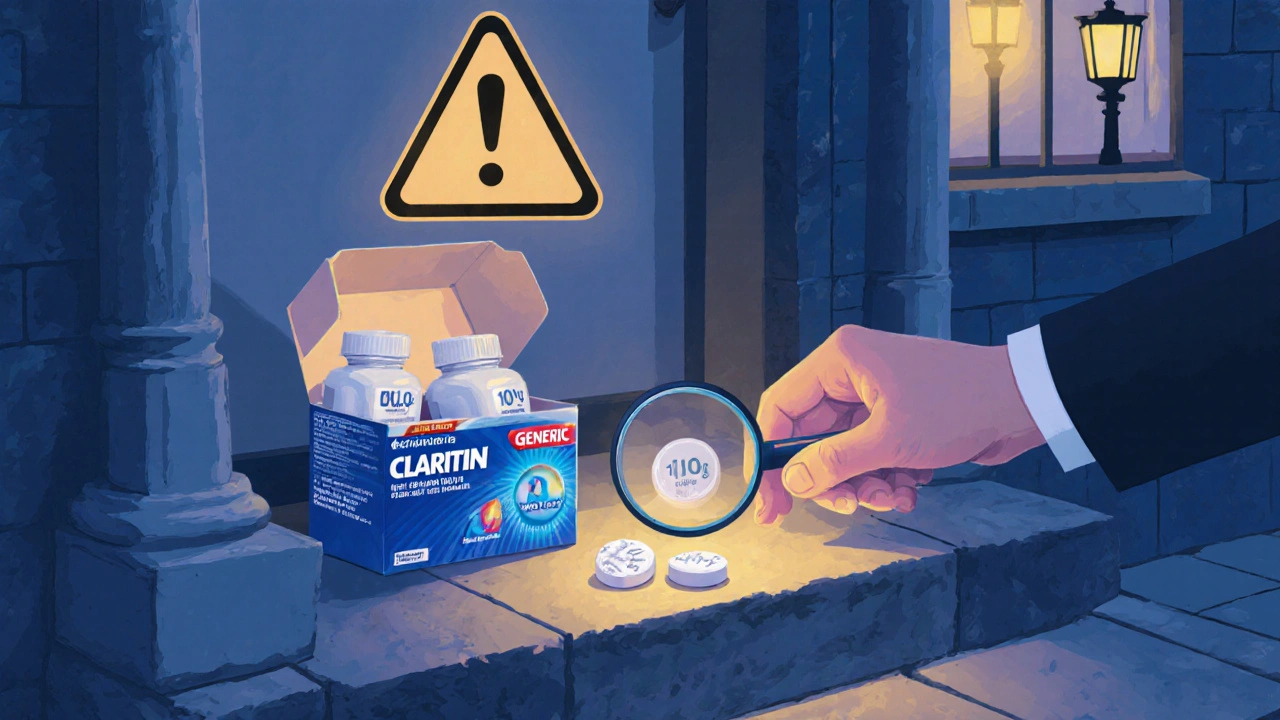Delivery box opened on doorstep showing authentic generic Claritin bottles and a magnifying glass.