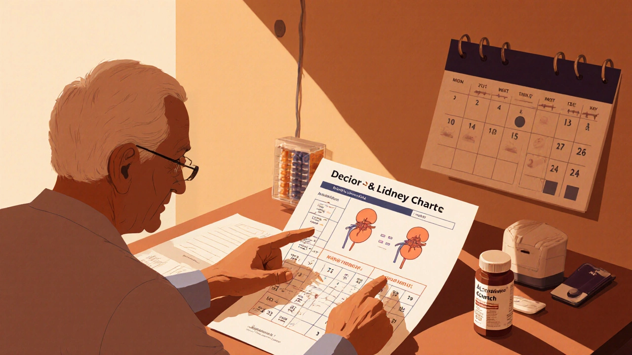 Doctor and patient discussing kidney test and Actoplus Met bottle.
