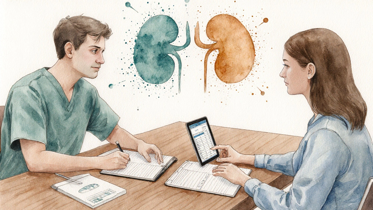 Doctor and patient discussing treatment over lab reports and organ illustrations.