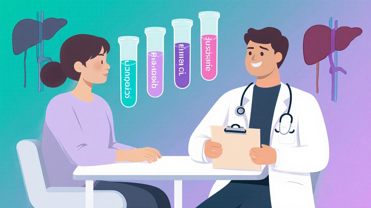 Doctor with clipboard and patient, floating calcium, phosphate, PTH test tubes, liver and kidney silhouettes, gradient lighting.