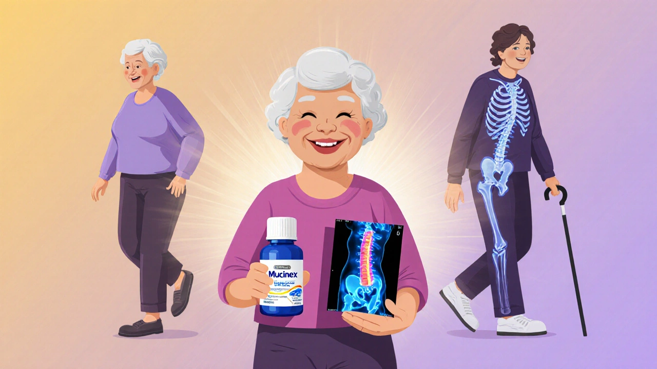 Elderly woman holding Mucinex and DEXA scan, showing improved posture and bone health
