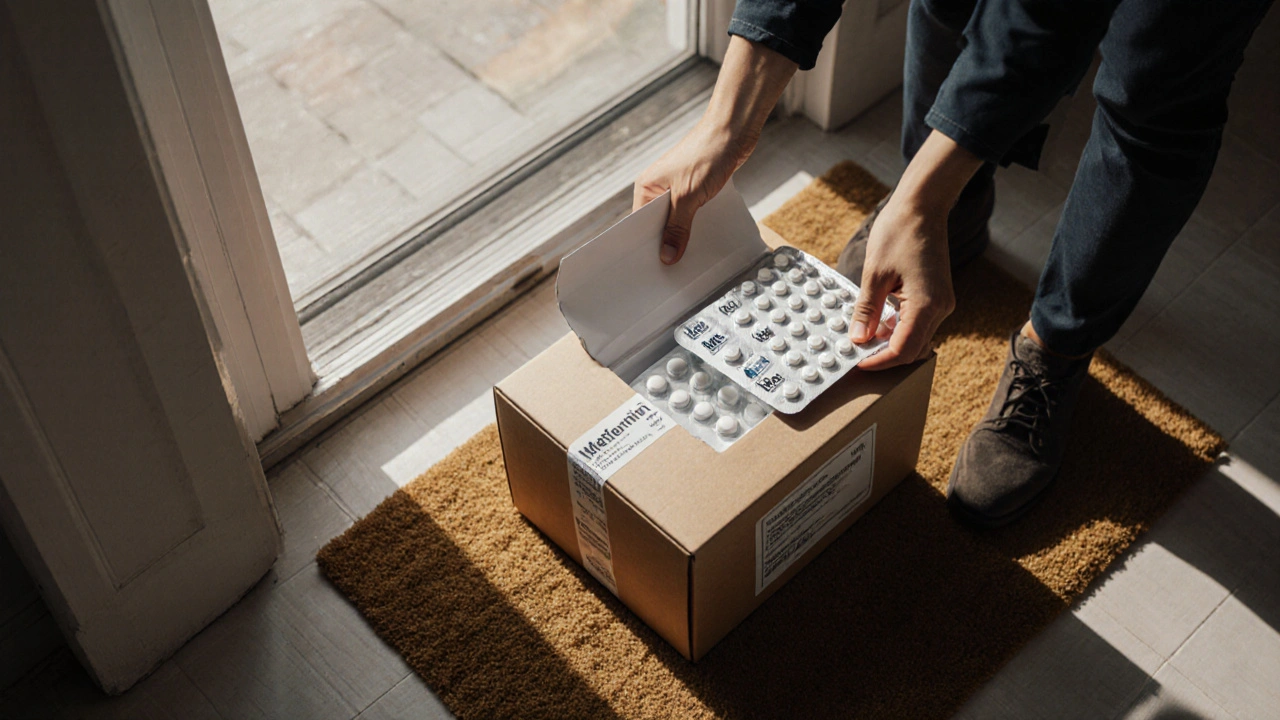 Hand opening a delivery box to reveal sealed Metformin tablets in a hallway.