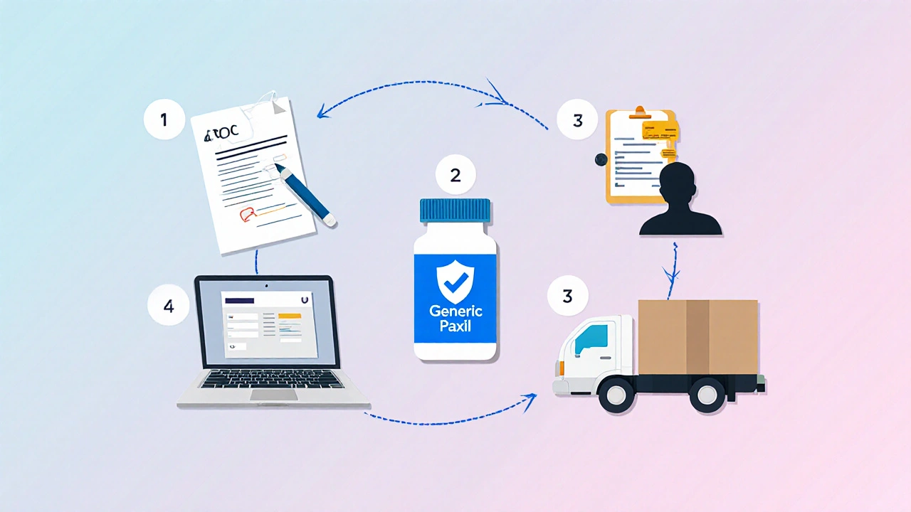 Illustrated five‑step flow of obtaining a prescription, buying online, and receiving medication.