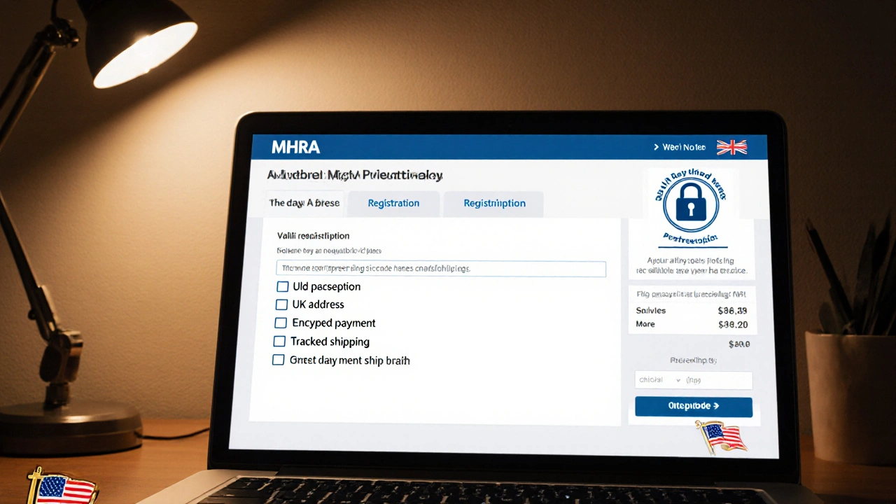 Laptop screen showing a secure pharmacy website with MHRA badge and prescription upload form.