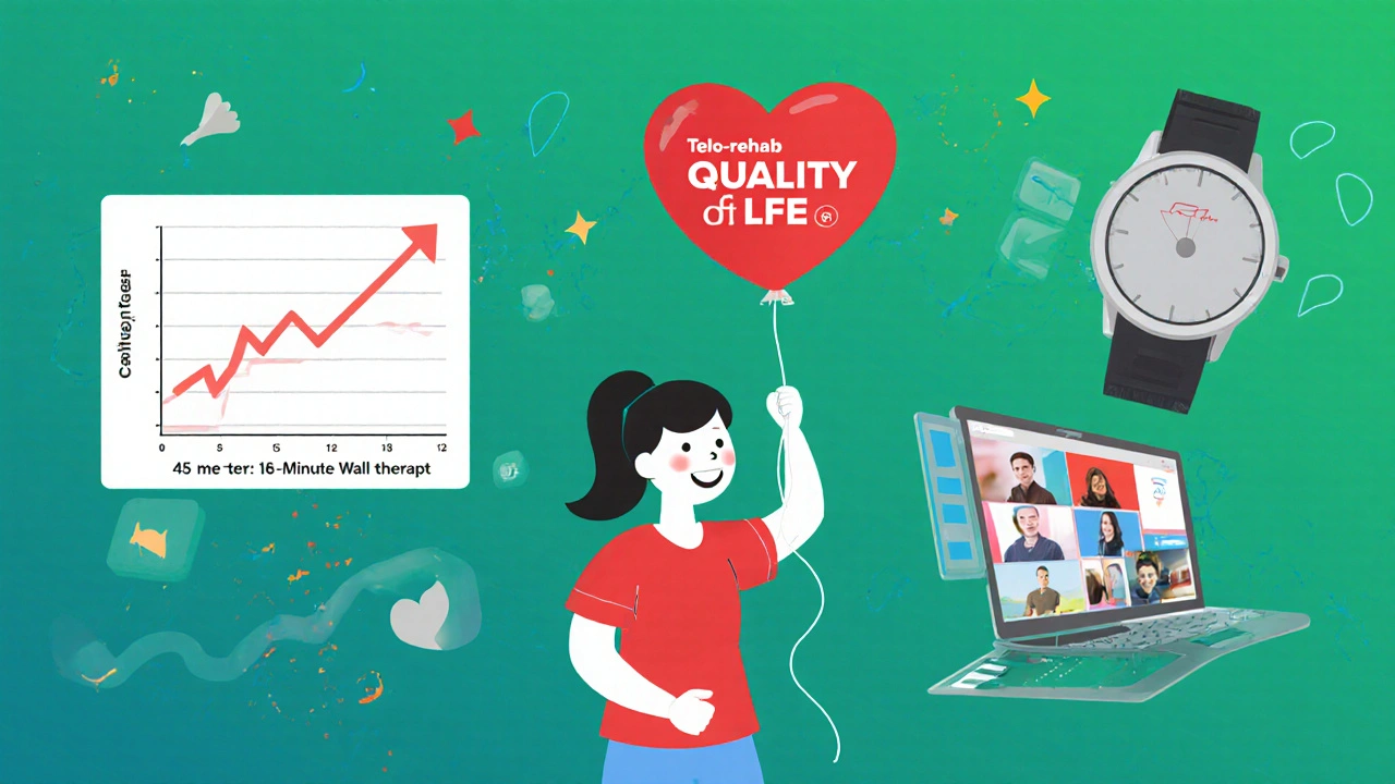 Montage showing improved walk distance, happy patient with heart balloon, and wearable health technology.