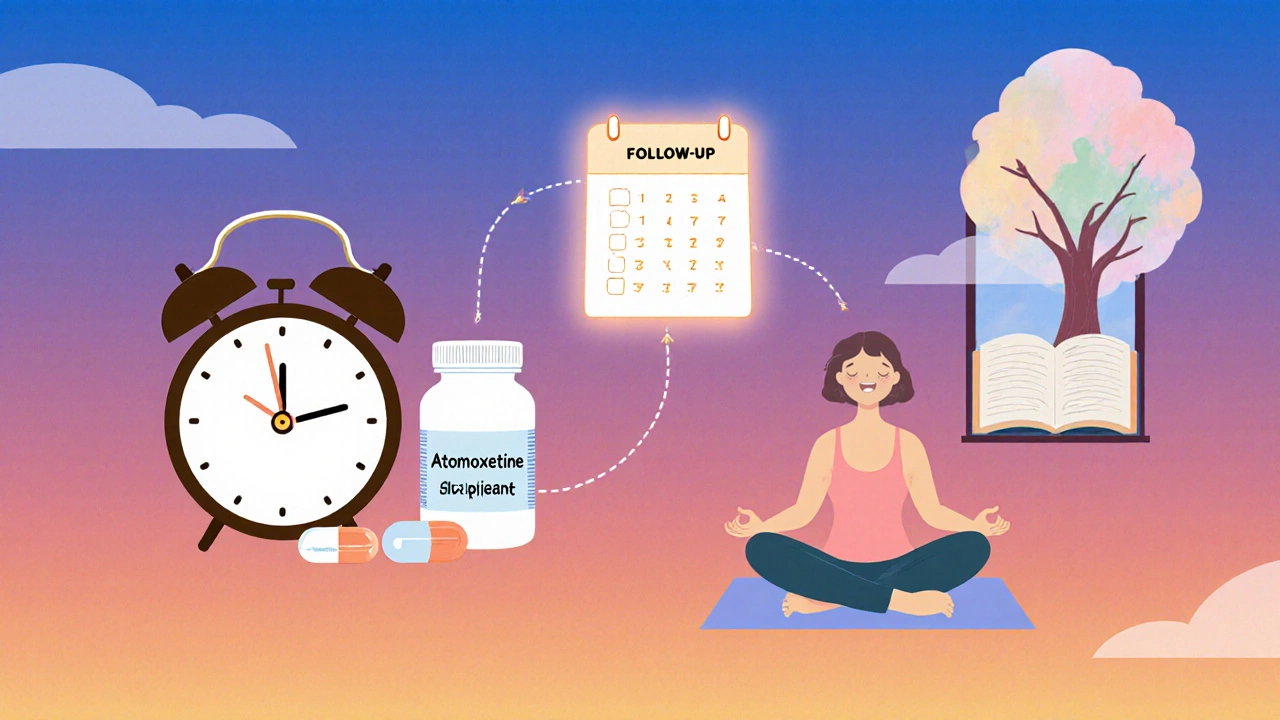 Morning routine scene with alarm, pill bottle, meditation, journal, and calendar reminders.