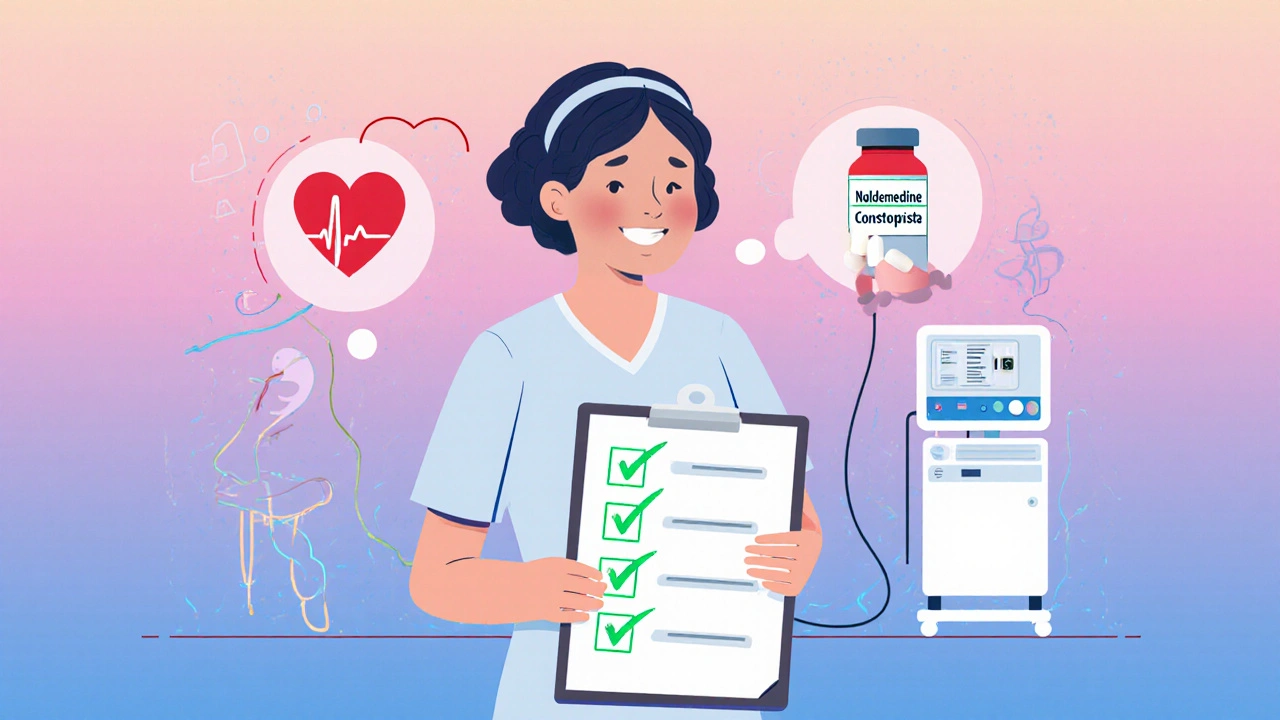 Nurse holding a checklist with icons for ECG, constipation drug, and dialysis.