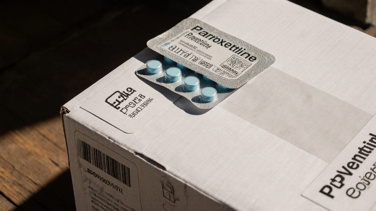 Opened parcel showing a generic Paxil blister pack with batch number and expiry date.