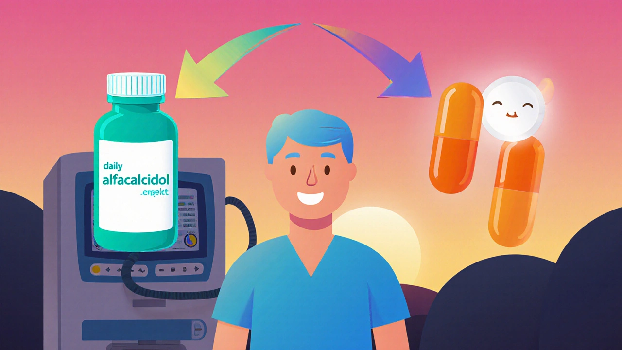 Patient at center of cartoon flowchart, arrows to daily teal pill and thrice‑weekly orange capsule, dialysis machine backdrop.