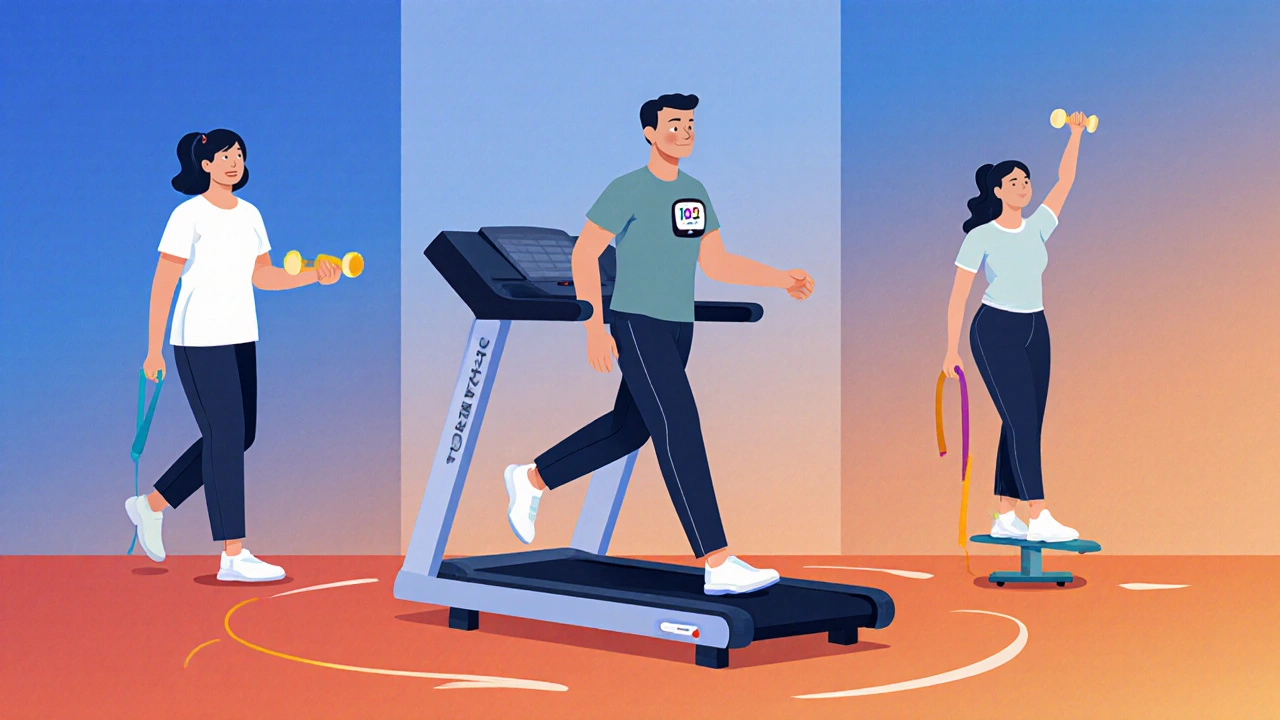 Patient performing treadmill walking, resistance band exercises, and balance drills under therapist guidance.