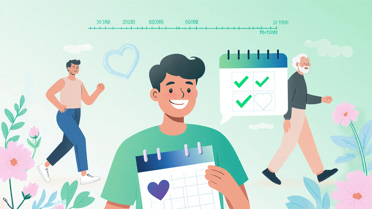 Person checks a calendar with a heart sticker while a simple lipid panel hovers nearby.