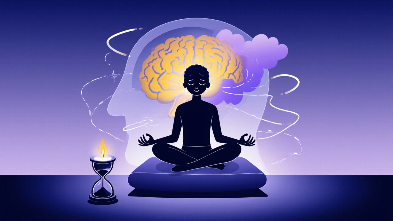 Person meditating with a highlighted brain showing bright prefrontal cortex and calming amygdala.