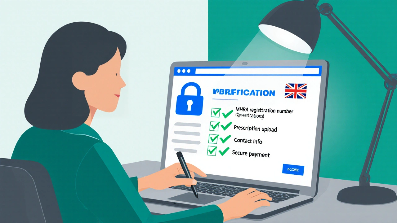 Person reviewing an online pharmacy site with a safety checklist on a laptop.