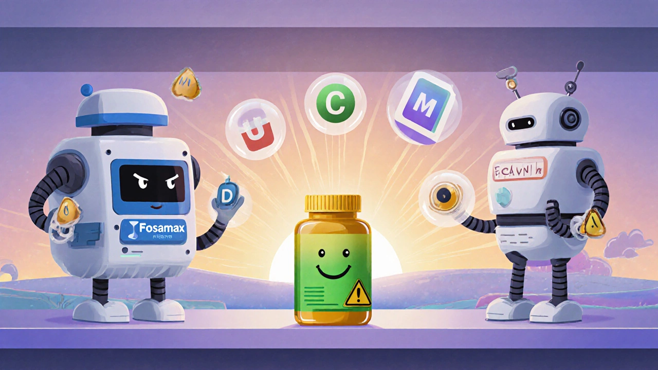 Pharmacy shelf with intimidating osteoporosis drugs vs. friendly guaifenesin bottle in gradient style