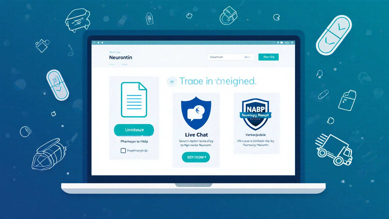 Safe online pharmacy webpage showing prescription upload, pharmacist chat, and verification badge.