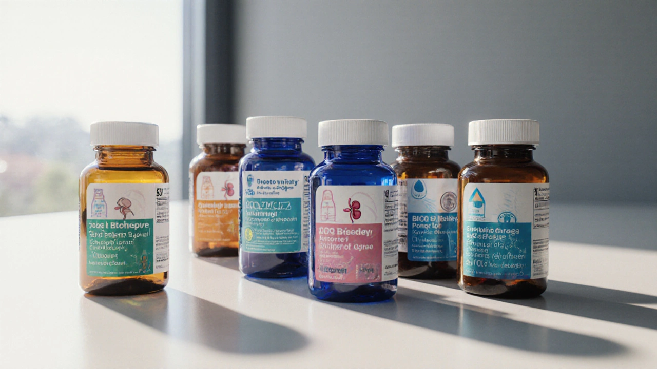 Seven medicine bottles side‑by‑side on a clinic counter, each with subtle visual cues.
