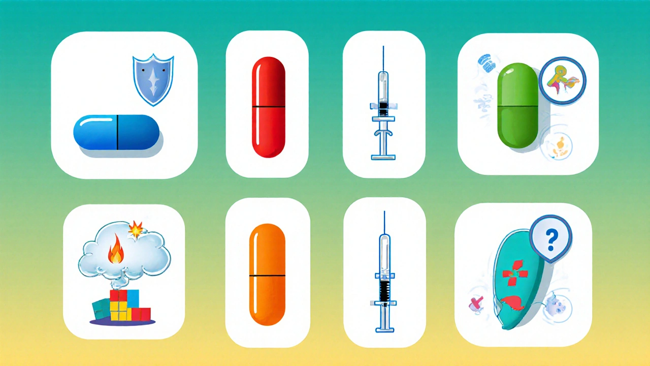 Six cartoon medication icons showing diacerein, NSAIDs, glucosamine, hyaluronic acid, diclofenac, celecoxib with mechanism symbols.
