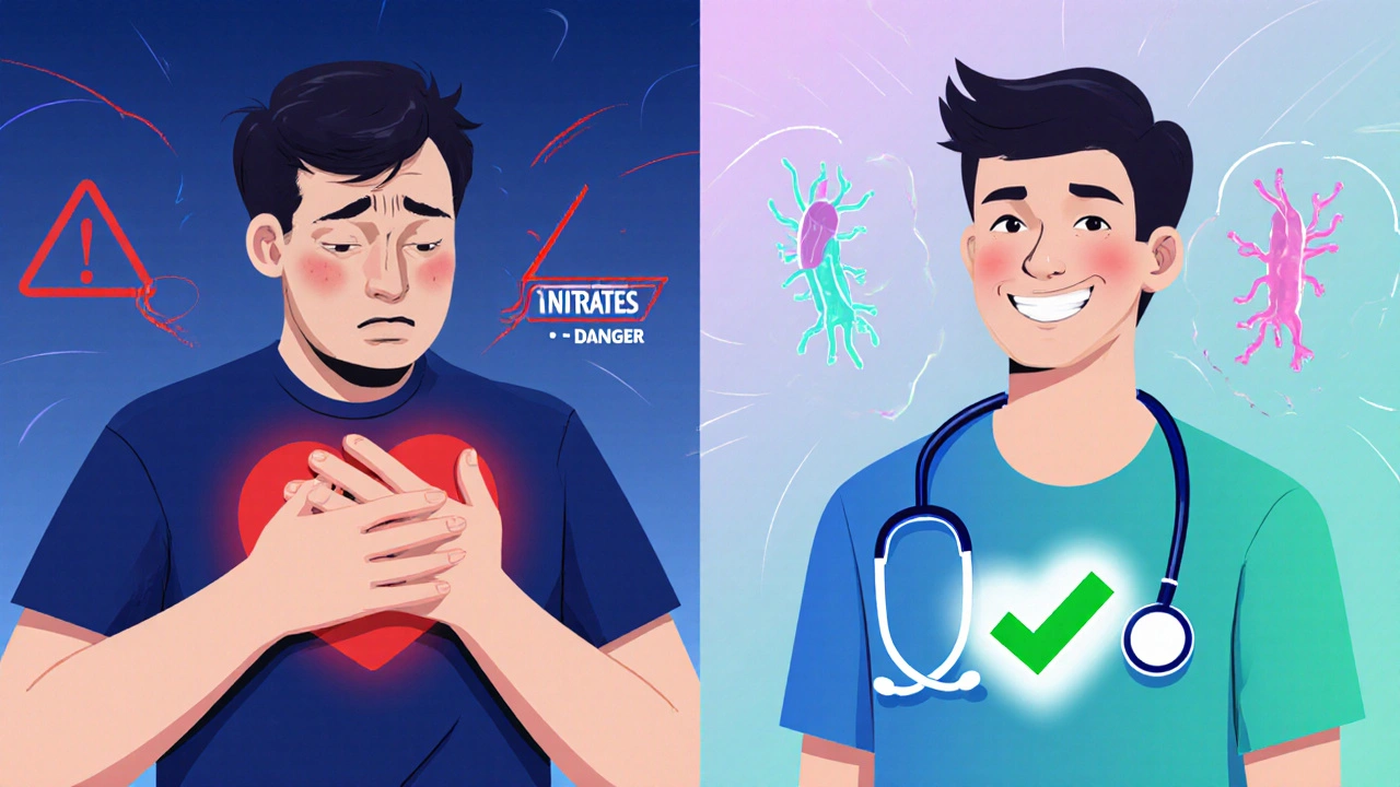 Split illustration showing danger from nitrates on one side and safe heart health on the other.