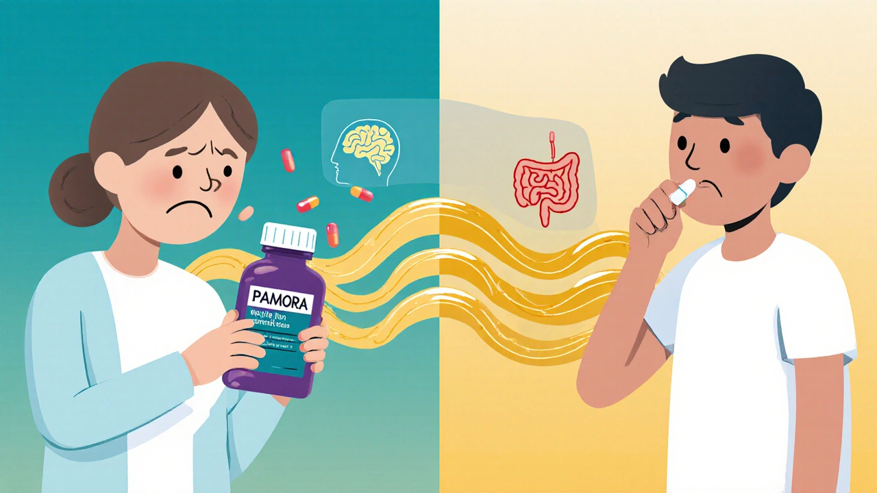 Split image showing ineffective OTC laxatives vs. effective PAMORA action on gut without affecting brain.
