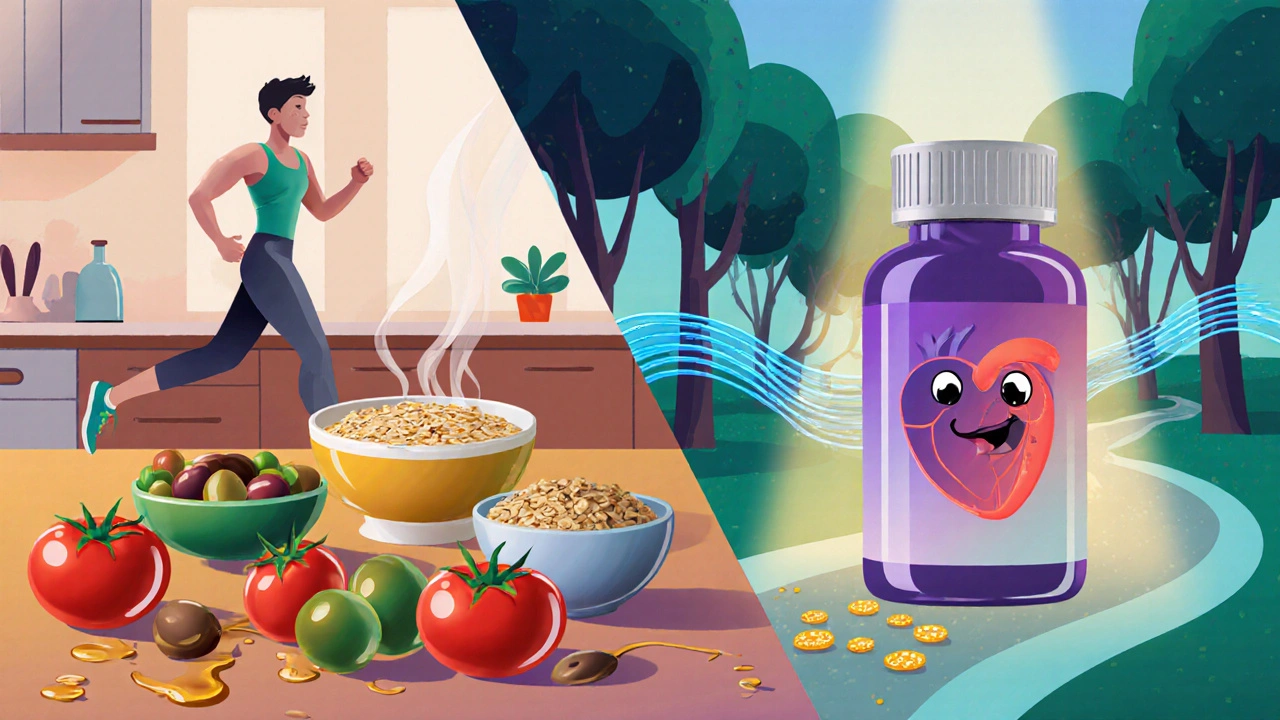 Split scene of Mediterranean foods, jogging figure, and pill bottle clearing artery plaque.
