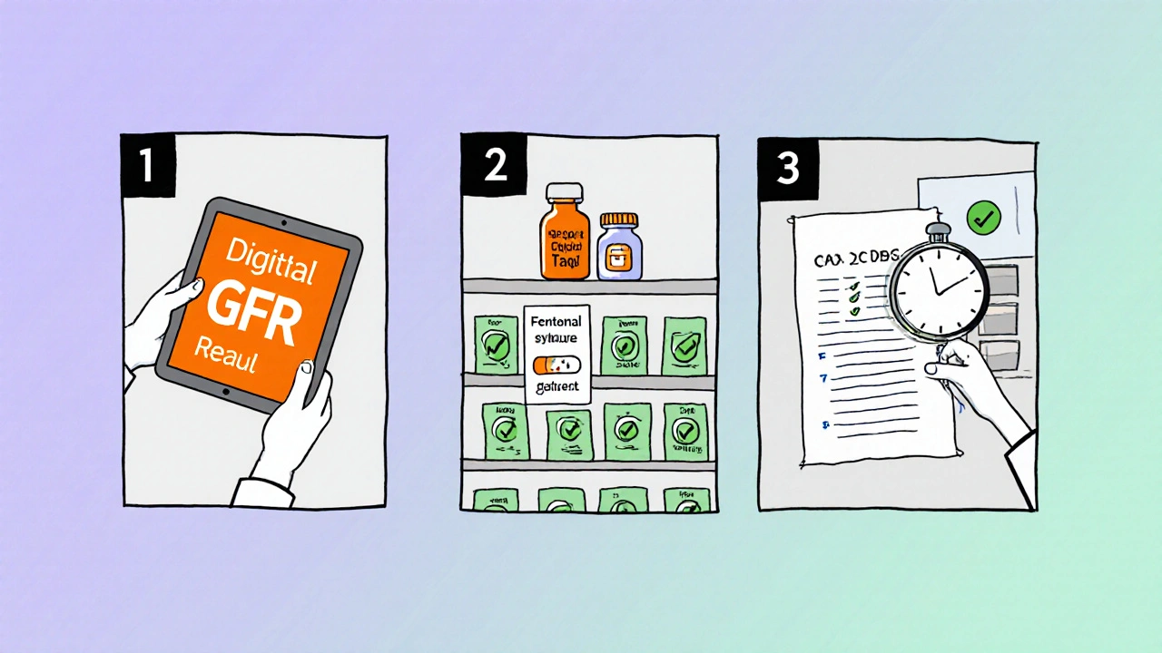 Three‑panel comic of a doctor checking GFR, choosing safe opioids, and adjusting dose.