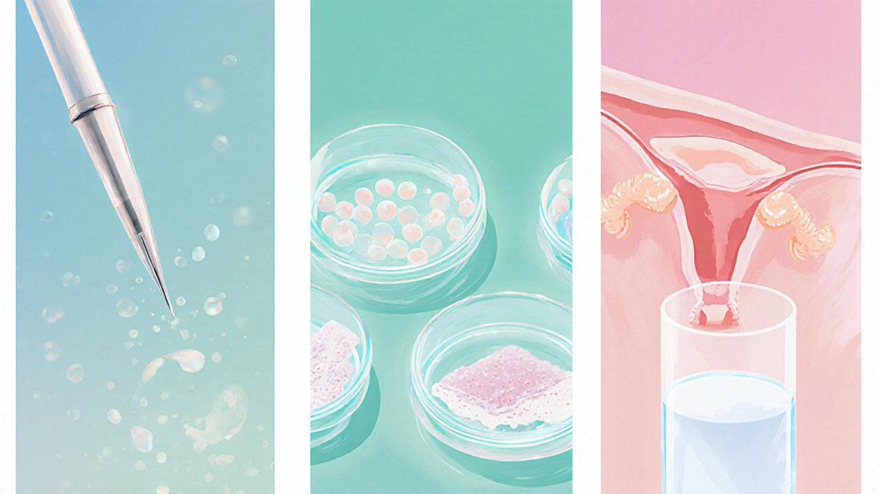 Three panels depicting egg retrieval, embryo freezing, and ovarian tissue removal.