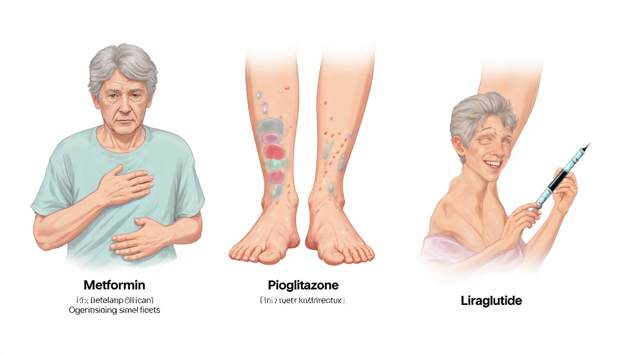Three patient scenes: stomach discomfort, ankle swelling, and injection pen.