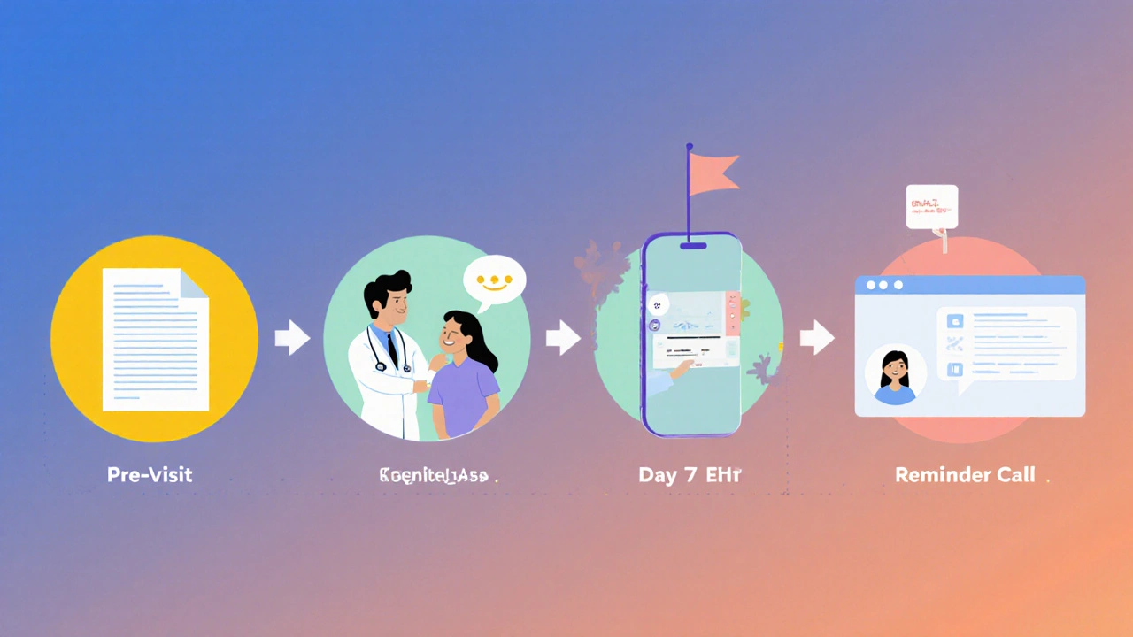 Timeline showing handout, teach‑back, follow‑up call, and EHR reminder.