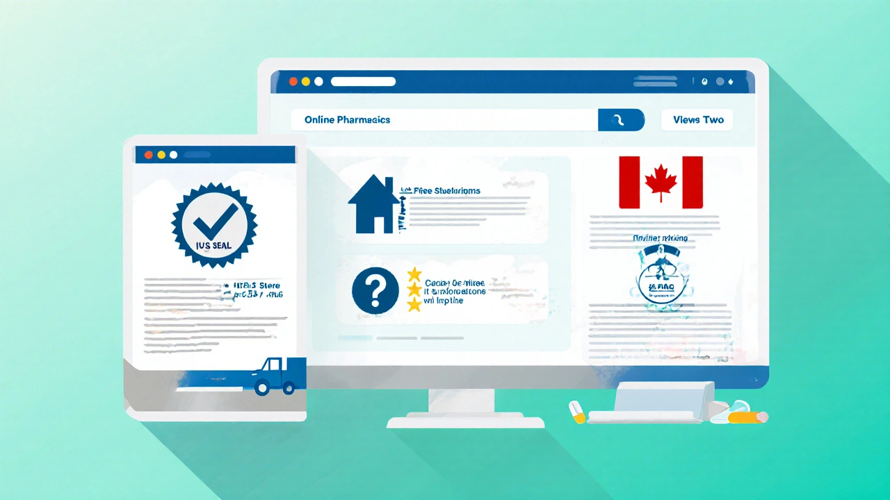 Vector illustration comparing three verified online pharmacies with badge icons and shipping symbols.