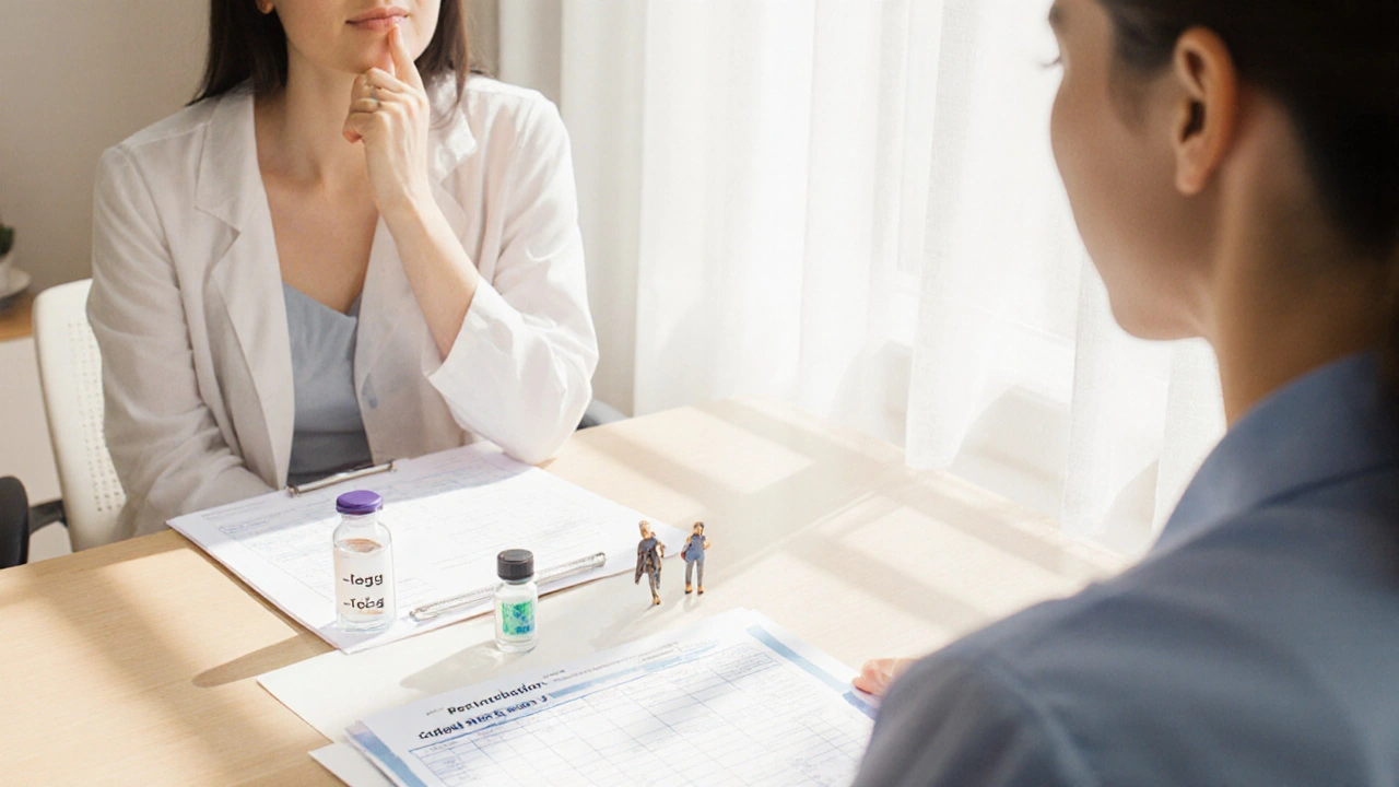 Woman discussing fertility options with doctor, surrounded by symbolic preservation items.