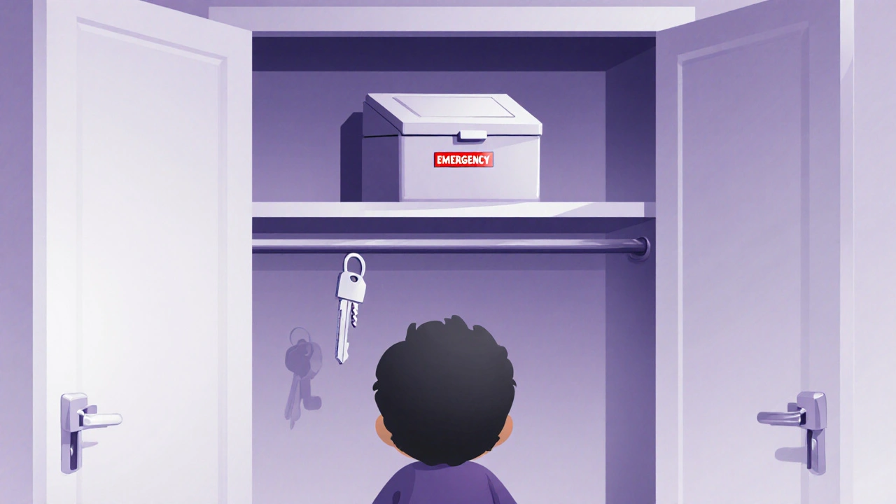 A child looking up at a locked medicine box on a high closet shelf.