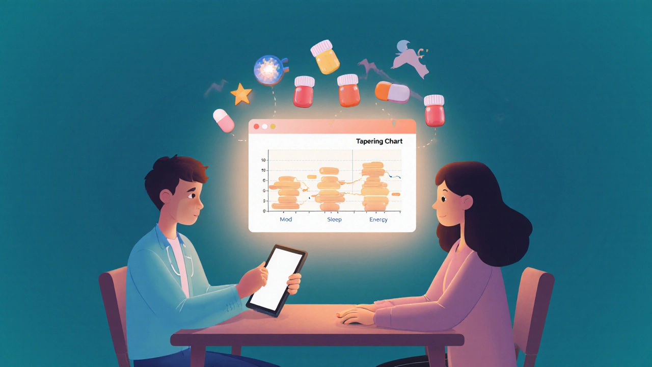A doctor and patient reviewing a tapering chart with mood and sleep indicators rising steadily in gradient tones.