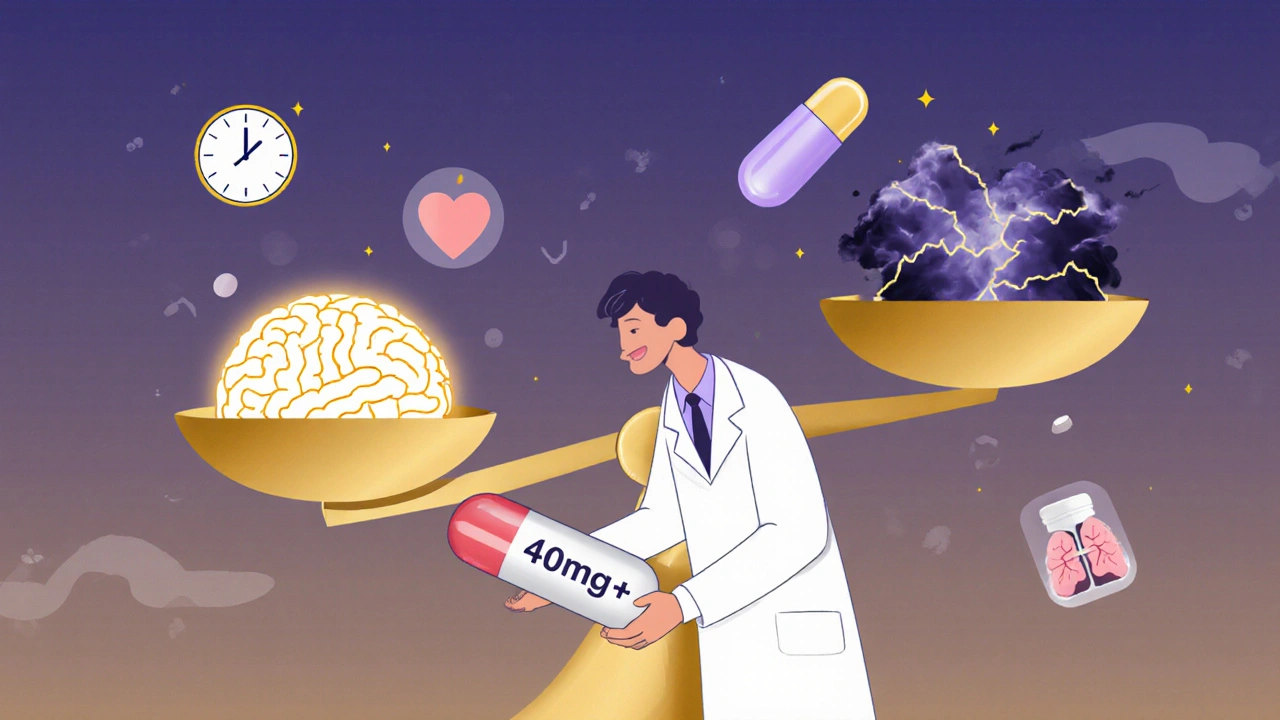 A doctor lowering a large steroid pill onto a scale balancing a healthy brain against a fractured mind.