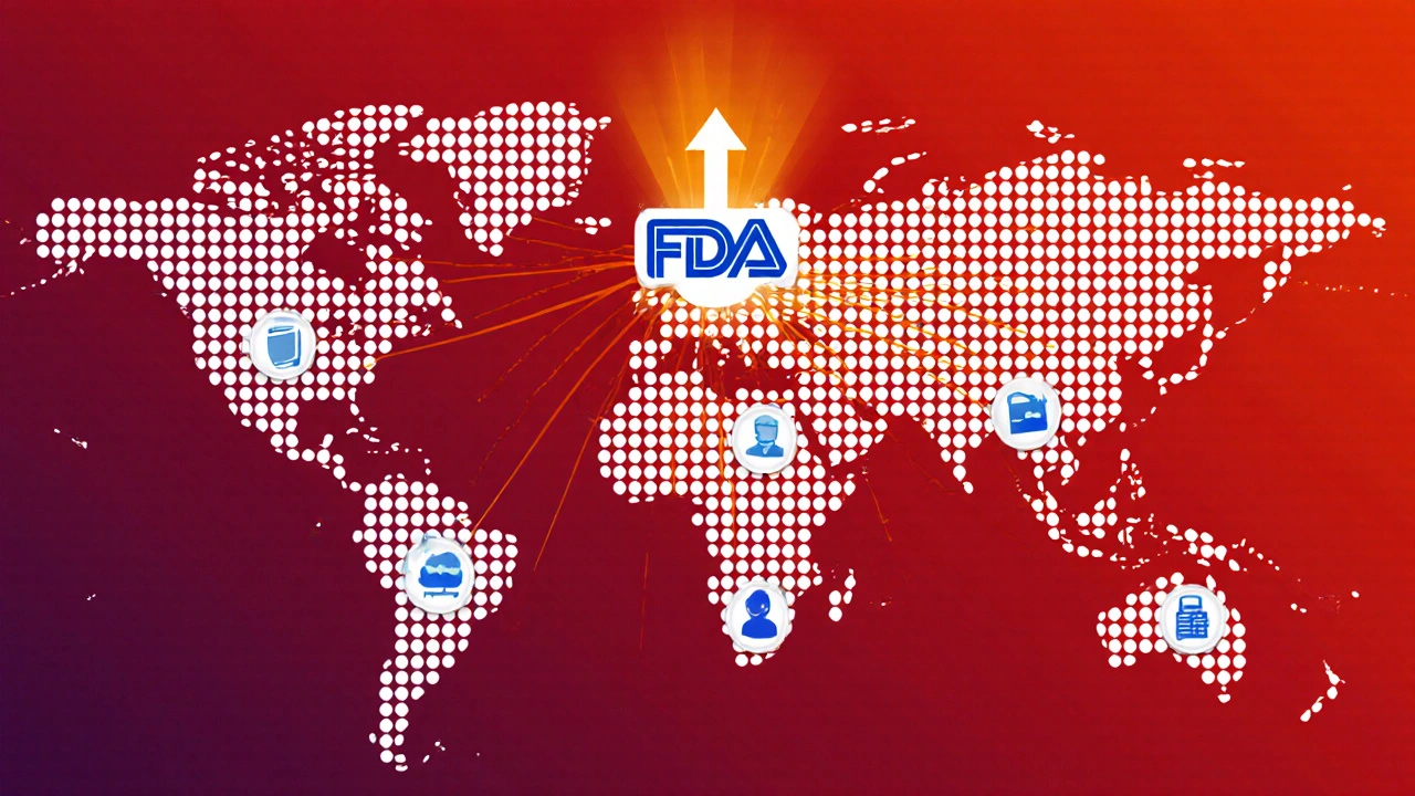 A global network of reports flowing into an FDA symbol, represented by glowing dots and pills.
