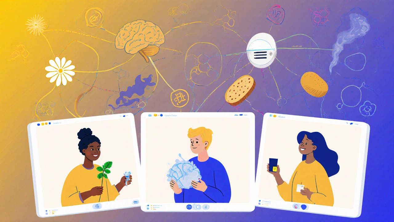 A group of people in a virtual support session holding items to cope with smell loss, surrounded by abstract brain signals.
