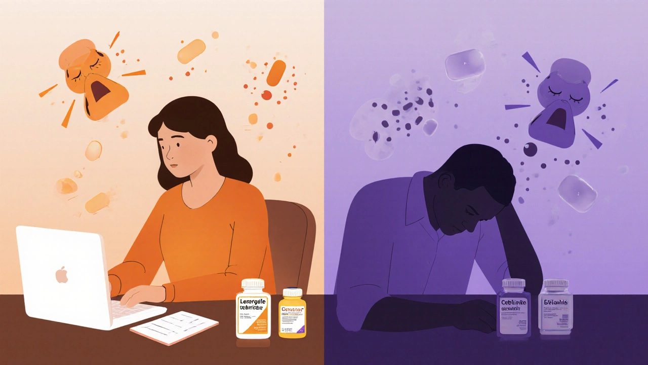 A person working alertly with levocetirizine, while a sleepy version rests beside cetirizine.