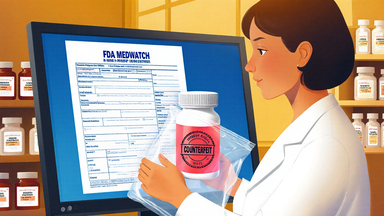 A pharmacist sealing a counterfeit medication in an evidence bag while reviewing an FDA form.