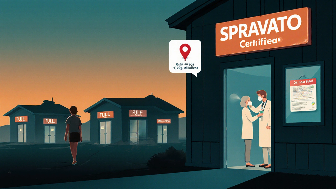 A rural patient walking toward a certified SPRAVATO clinic at dusk, while other clinics are closed, highlighting access disparities.