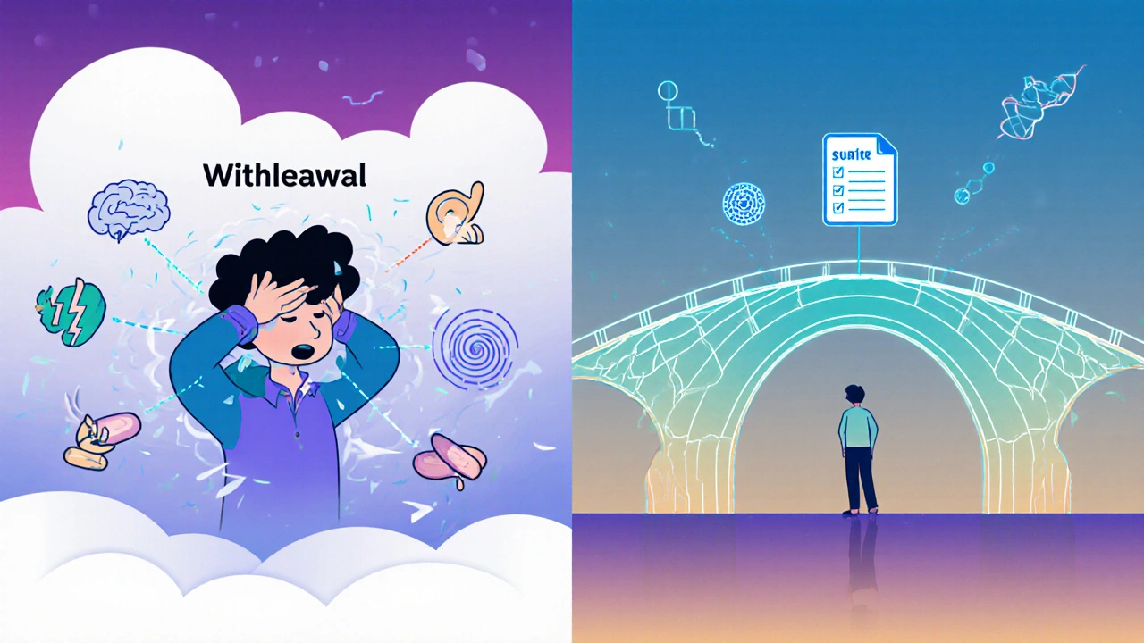 A split illustration showing withdrawal chaos on one side and a calm, stable transition bridge on the other.