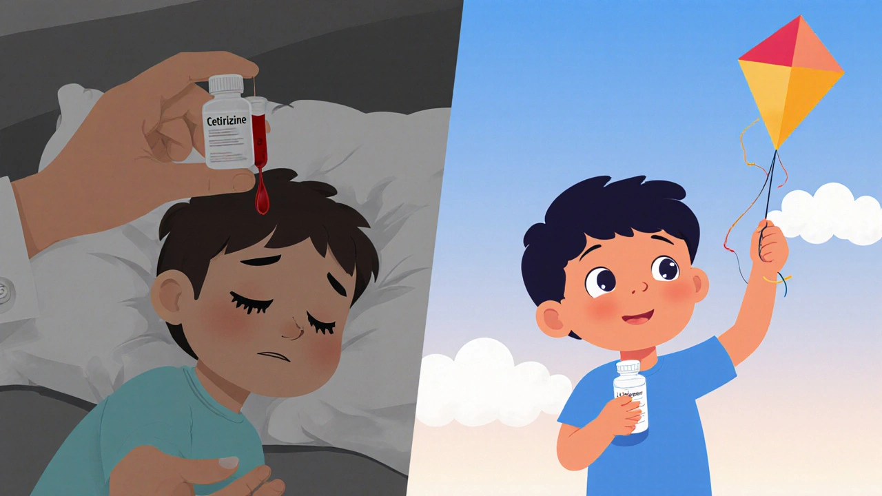 Child taking cetirizine looking tired vs. child taking levocetirizine playing energetically outside.