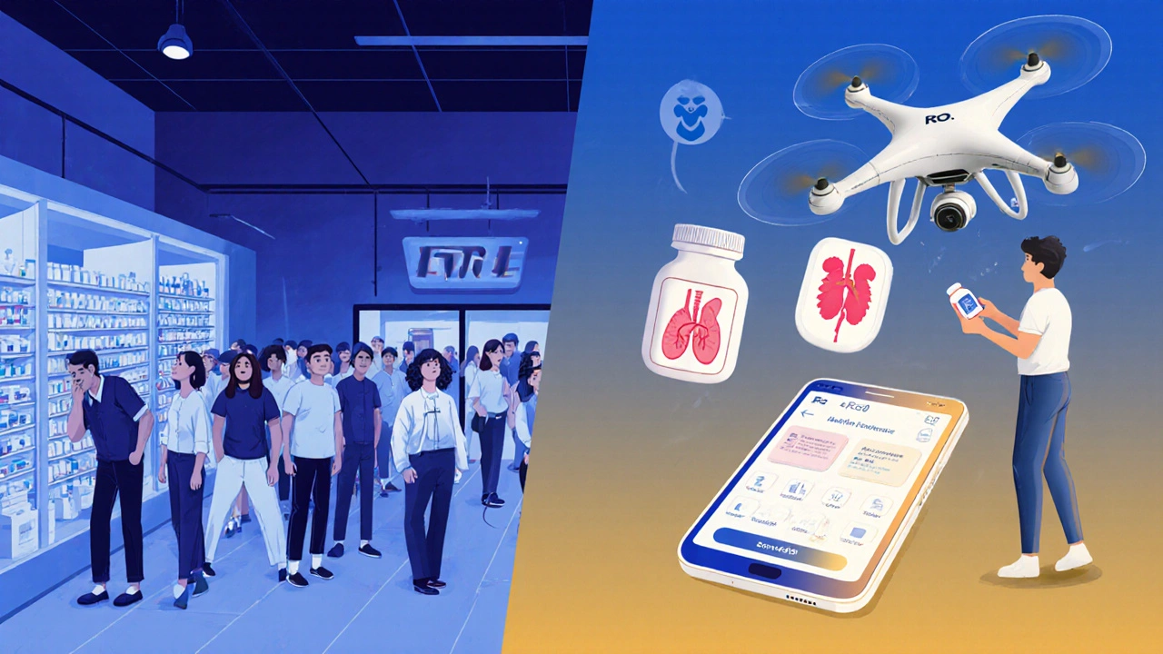 Comparison of crowded pharmacy vs. smooth app-based medication delivery at home.