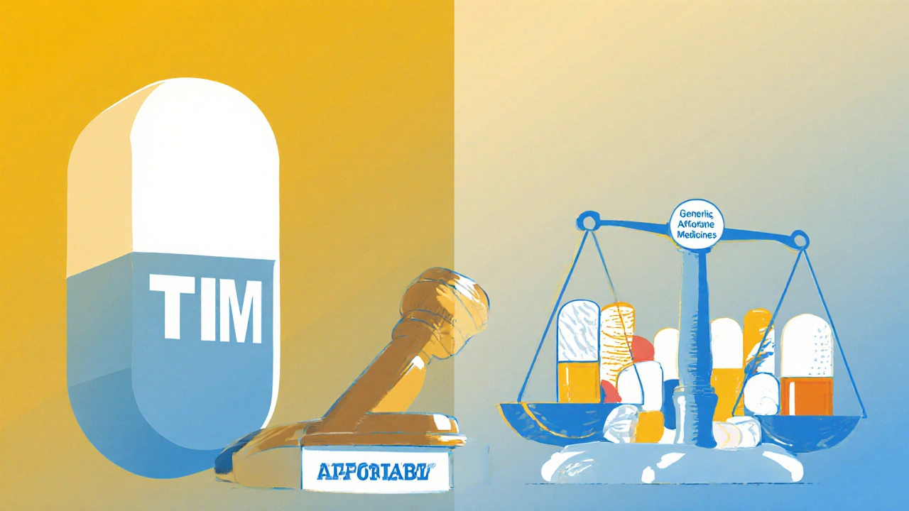 Courtroom scene with trademark pill vs. generic pills, balanced by FDA scale labeled &#039;Brand Protection&#039; and &#039;Affordable Medicines&#039;.