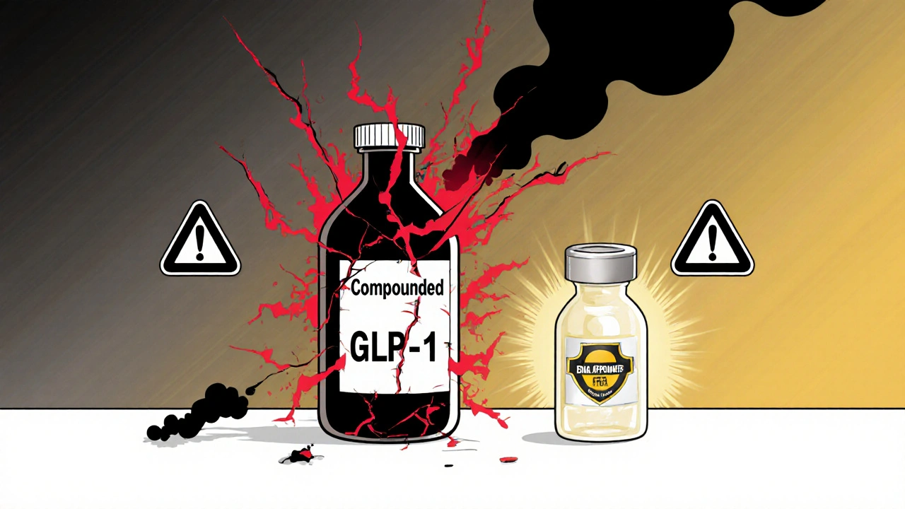 Cracked compounded bottle leaking danger vs. safe FDA-approved vial on counter