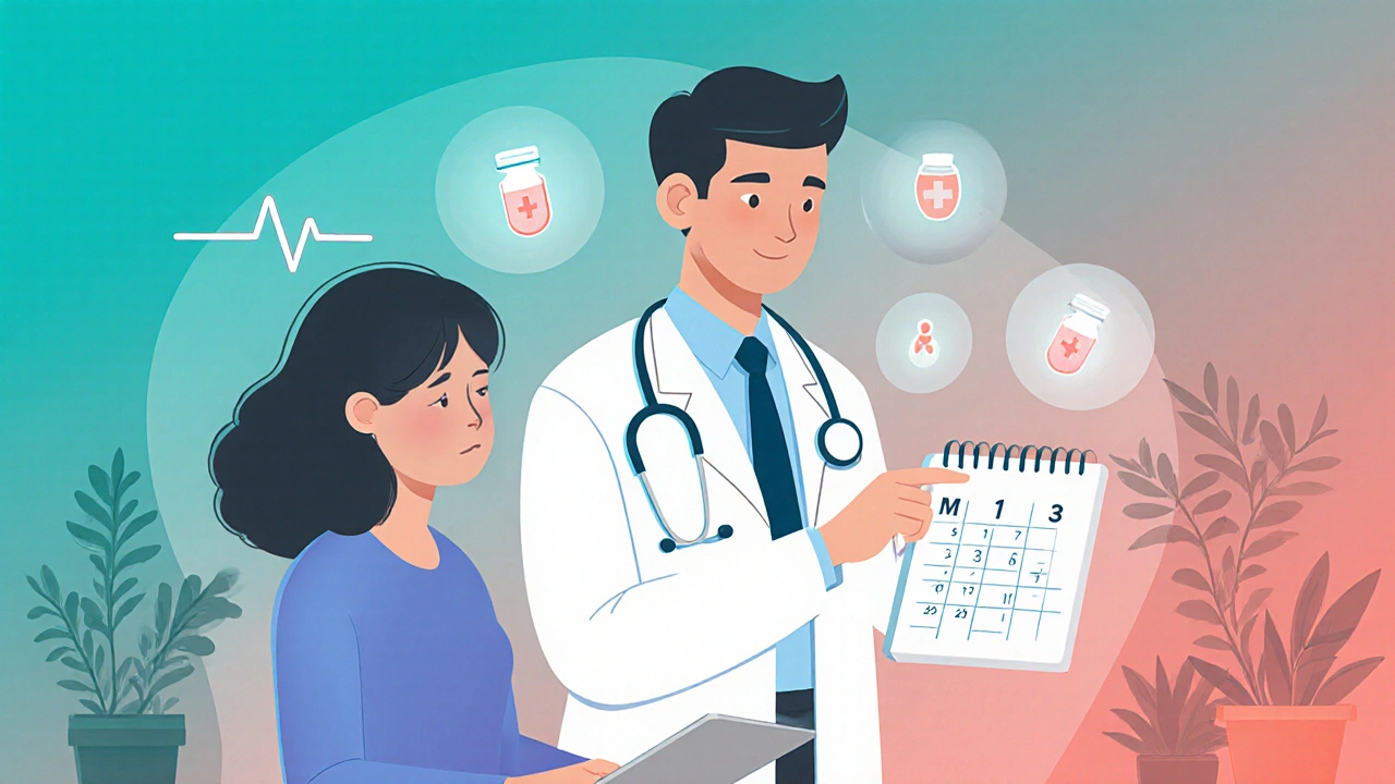 Doctor and patient reviewing symptom log with check-up dates marked on a calendar.