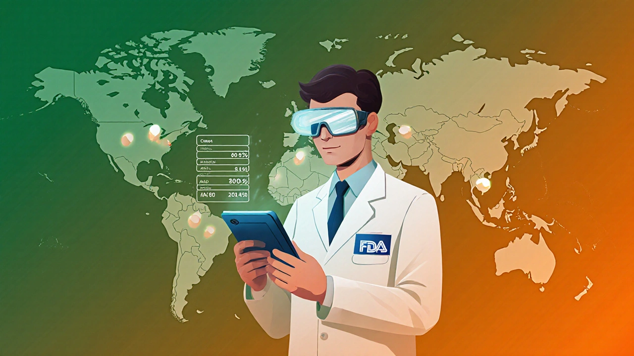 FDA inspector scanning a generic drug with holographic bioequivalence data, global inspection points glowing on a map.